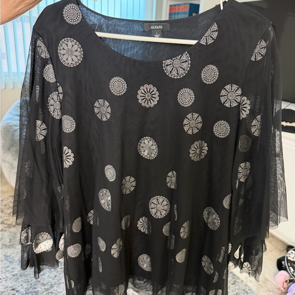 Alfani Black Sheer Tunic with Silver Dot design